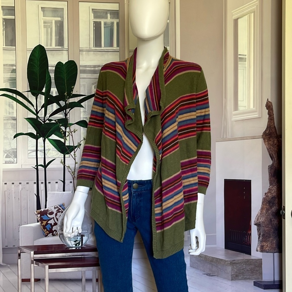 Chaps Denim Striped Linen Cotton Blend Open Front Sweater. Size M. P1/A